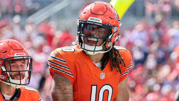 Bears wide receiver Chase Claypool celebrates after scoring a touchdown against the Buccaneers.